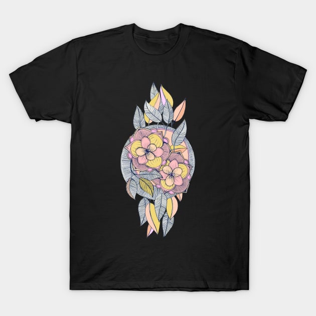 Pink and Peach Linework Floral Pattern T-Shirt by micklyn